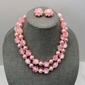 Vintage Pink Bead Necklace & Clip On Earring Set Floral Retro pin-up Tiki